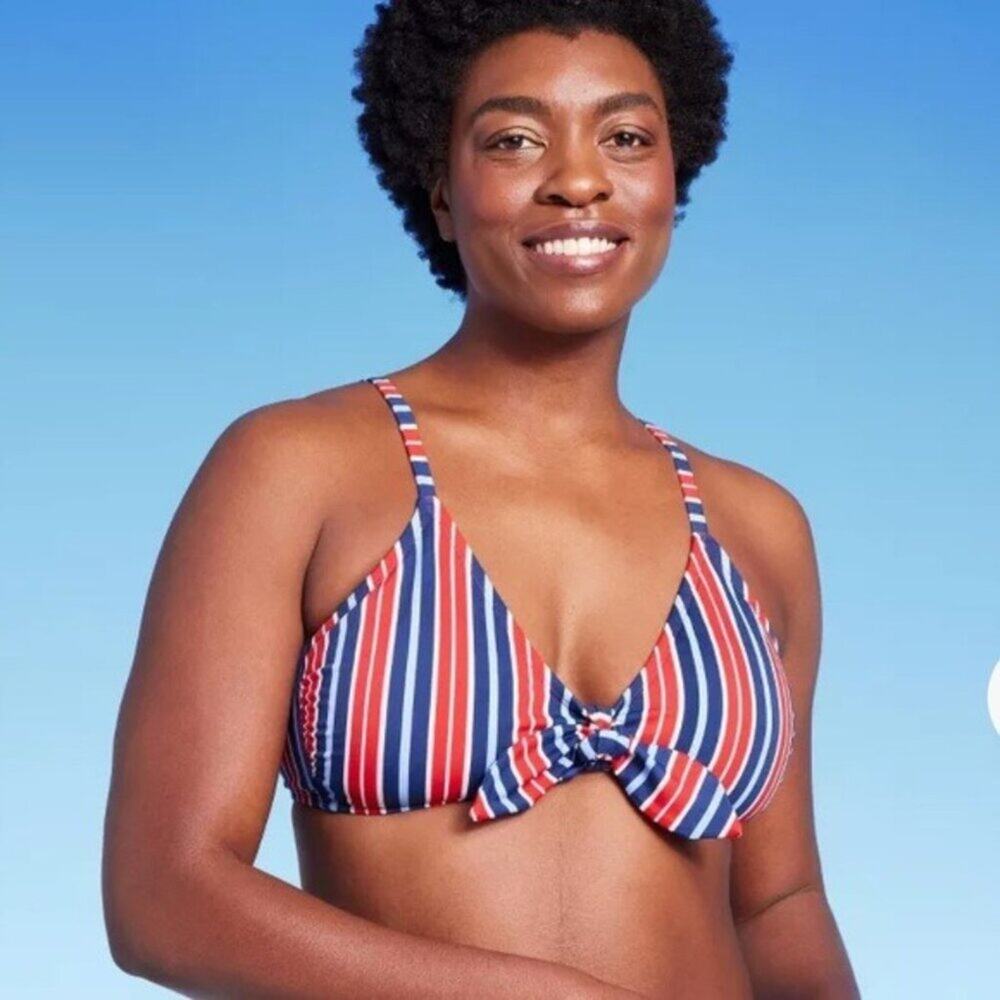 Kona Sol Triangle Bikini Top SIZE S 4-6 Red Navy Stripe Tie-Front